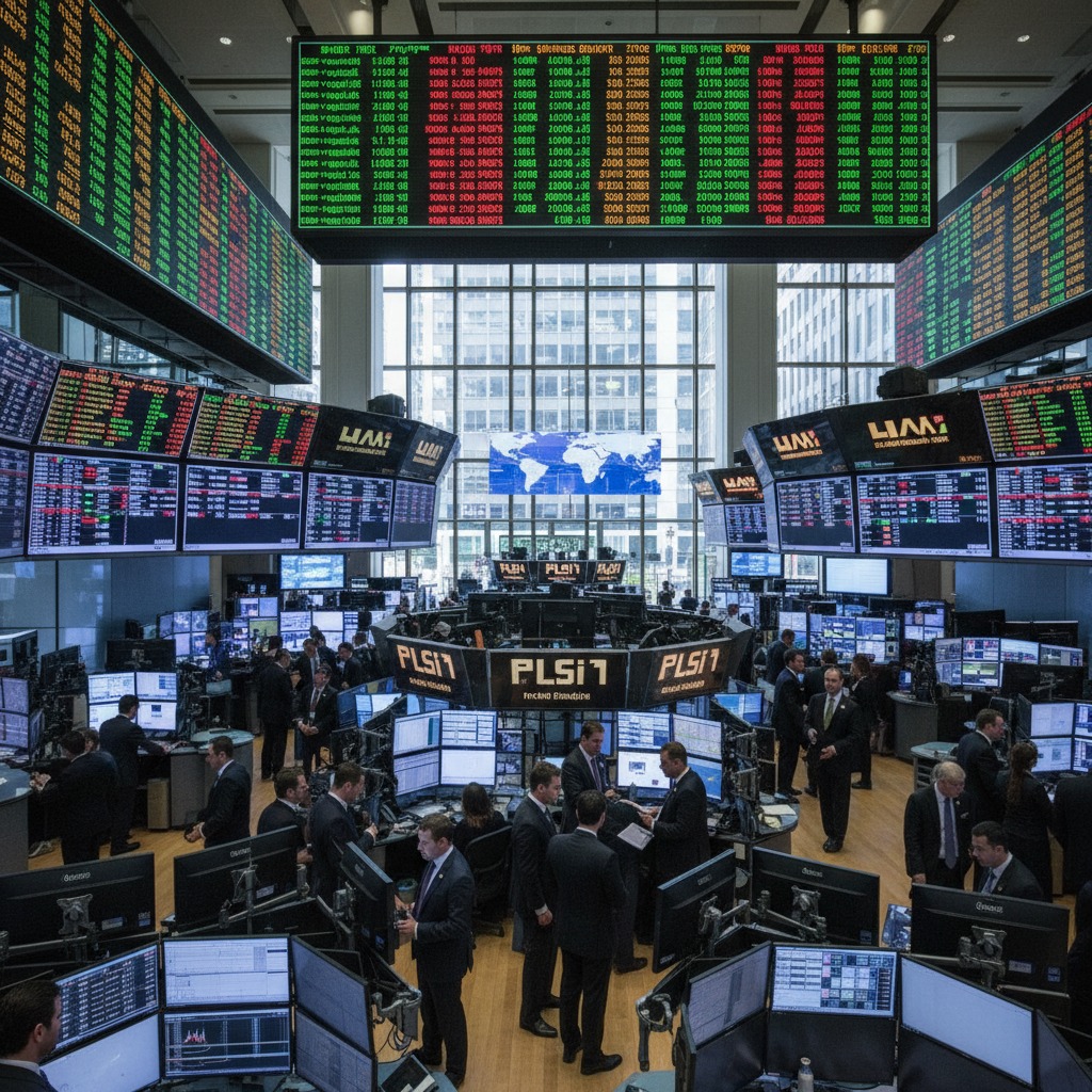 Profissionais de finanças trabalham em um pregão movimentado com grandes telas exibindo dados do mercado de ações.