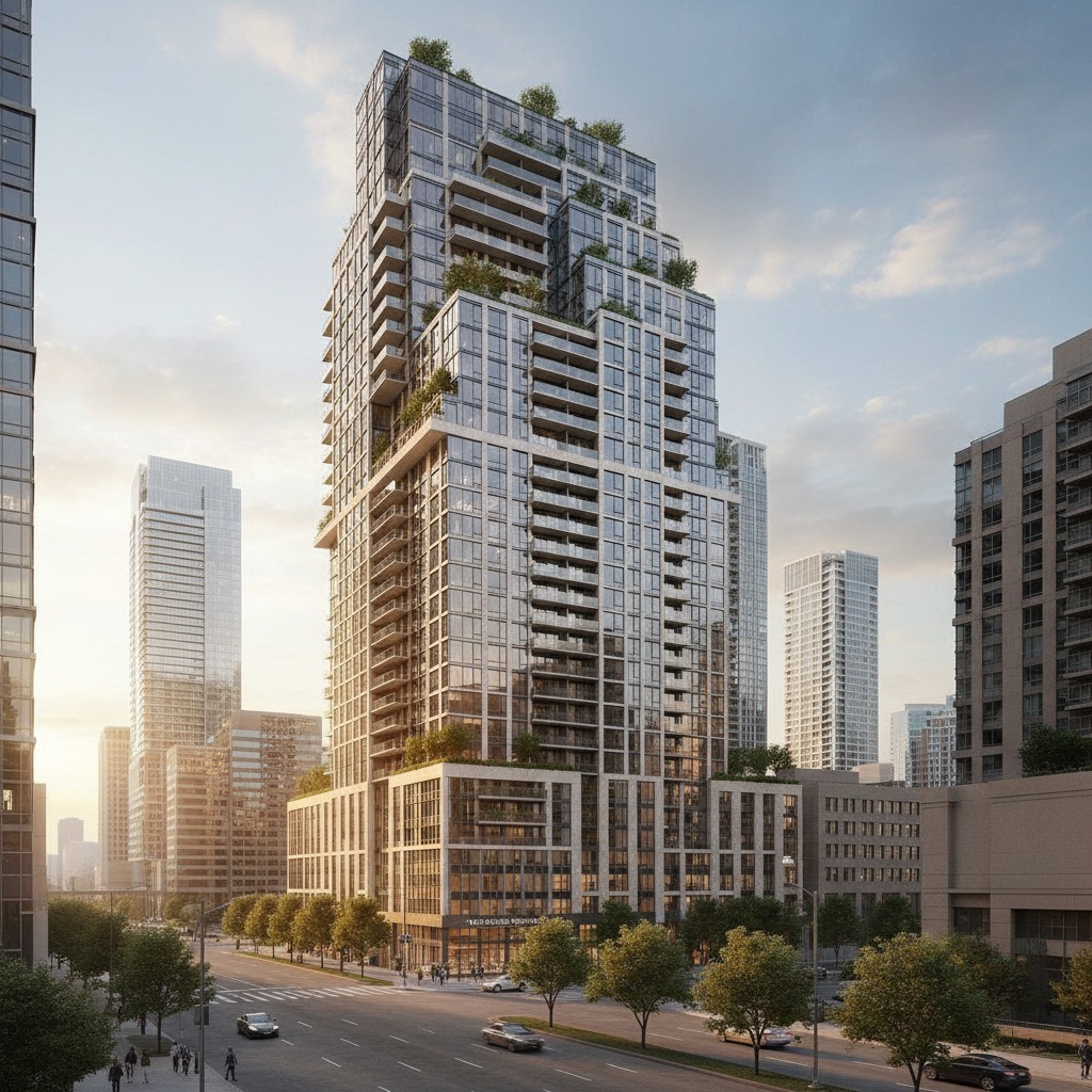 Edifício residencial moderno de vidro e concreto com varandas e vegetação, situado em uma avenida urbana movimentada durante o pôr do sol.